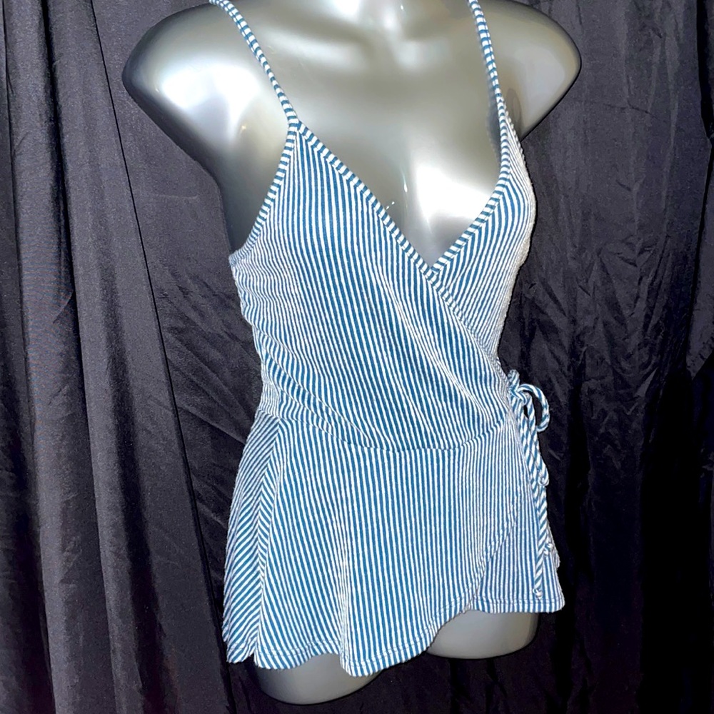 TEAL AND WHITE STRIPE CROSS PEPLUM TOP LOW CUT CLEAVAGE SIZE M/L